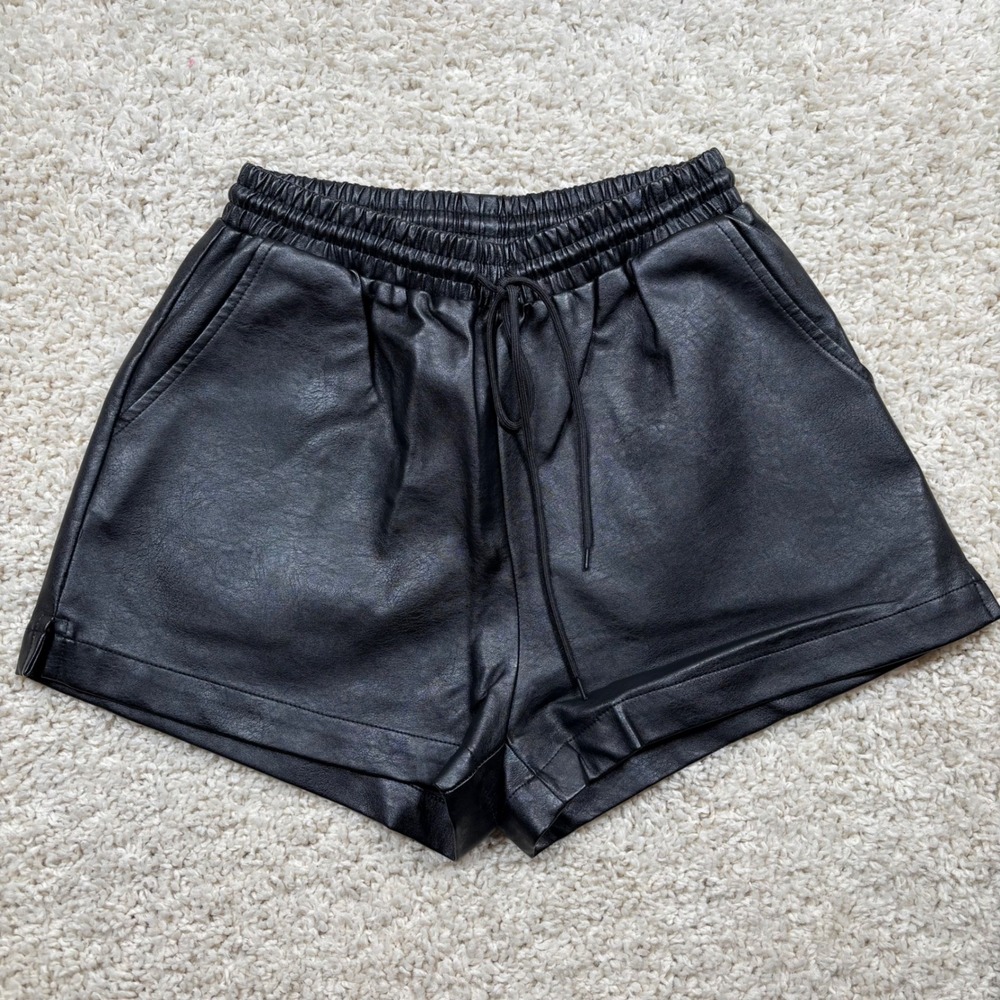 Black Faux Leather Drawstring Women’s Shorts